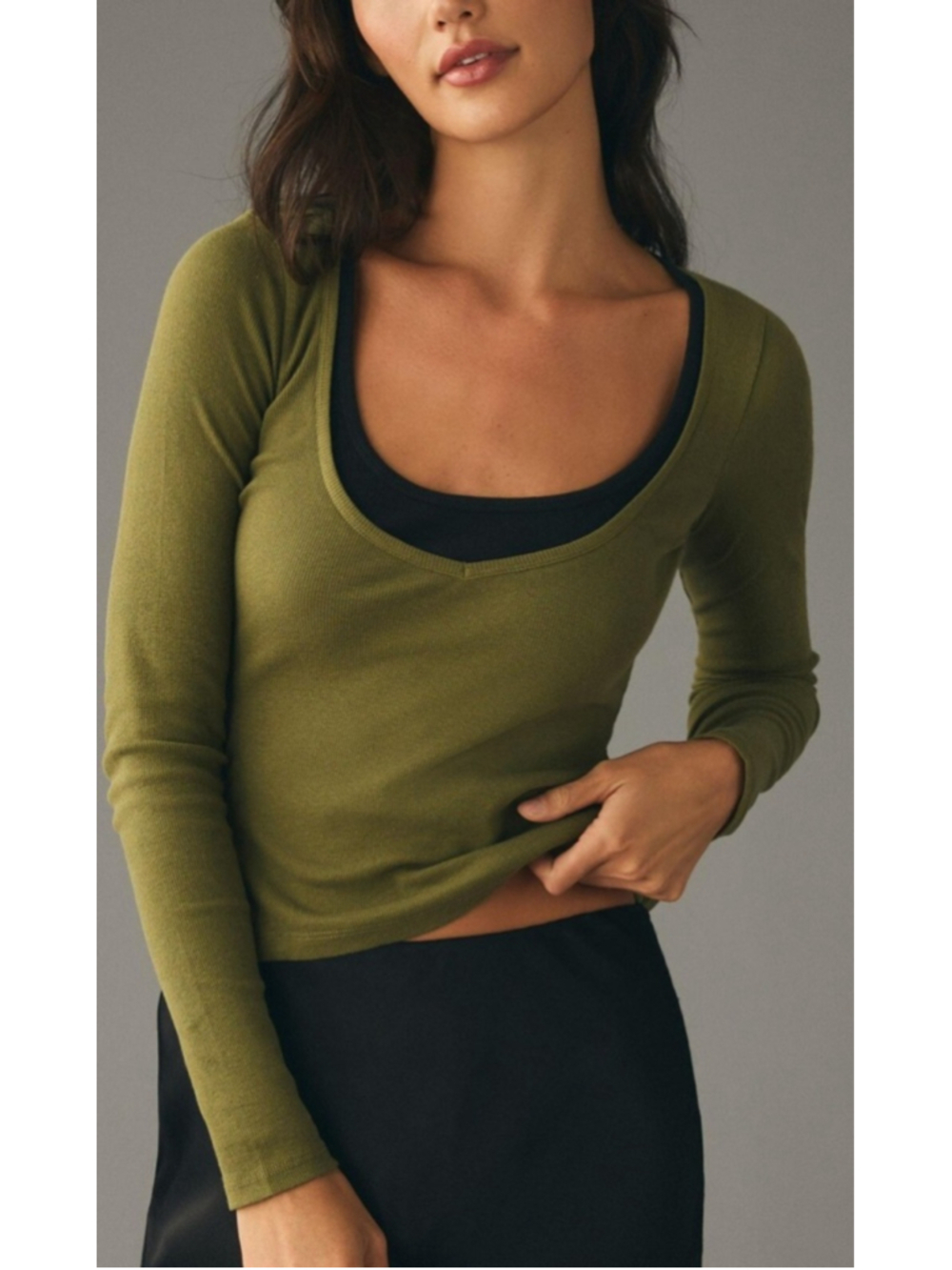Anthropologie Pilcro Olive Green Layered Scoop Neck Long Sleeve Top XL